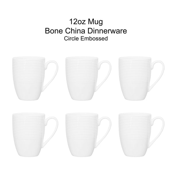 QOUTIQUE Coffee Mugs Set of 6, 16 OZ Bone China White Embossed Coffee Mugs, Large and Easy to Grip Mug Sets, White Embossed Coffee Cup Set for Coffee, Microwave and Dishwasher Safe, Scratch Resistant