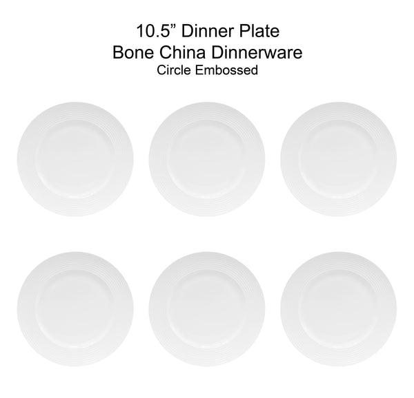 QOUTIQUE Bone China White Embossed Dinner Plates Set, 10.5 inch, Set of 6, 6 Piece White Dinner Plate Set, Serving Dish Set, Microwave and Dishwasher Safe, Scratch Resistant, Dinnerware Party Plates