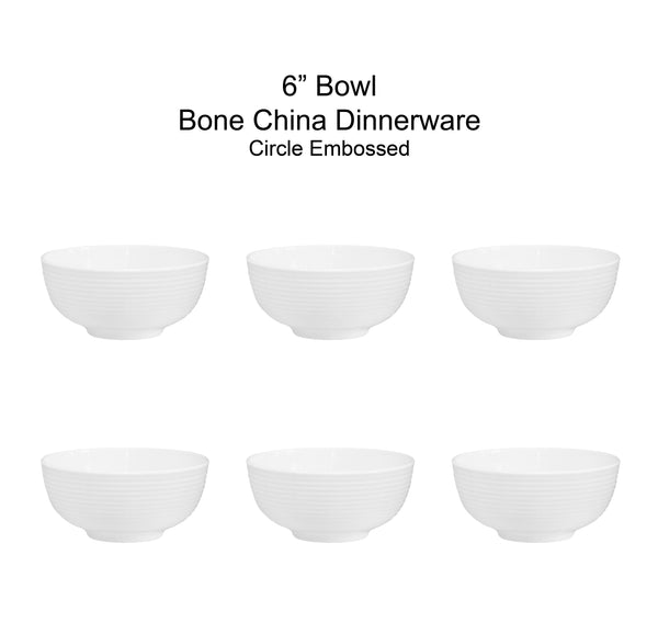 QOUTIQUE Bone China White Embossed Deep Bowl Set - 32 Ounce - Set of 6, 6 inch dia Large Cereal Bowl Set, For Soups and Salads, Serving Bowls, Large Capacity, Microwave & Dishwasher Safe