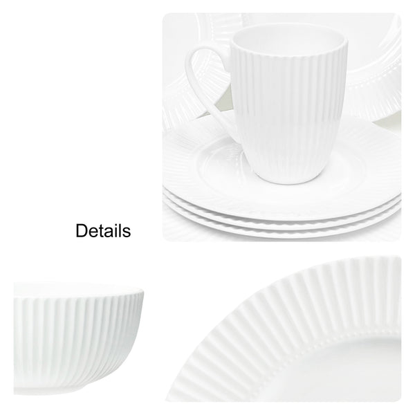 Dinnerware, 16 Piece Set Bone China, Service for 4, White Embossed stripe Dishes, Microwave Safe, Chip Resistant, 16 PC Dishware Set, For Formal Casual and Everyday Living, Plates and Bowls Set