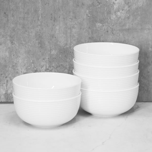 QOUTIQUE Bone China White Embossed Deep Bowl Set - 32 Ounce - Set of 6, 6 inch dia Large Cereal Bowl Set, For Soups and Salads, Serving Bowls, Large Capacity, Microwave & Dishwasher Safe