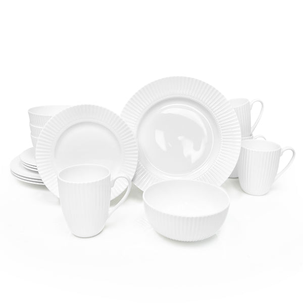 Dinnerware, 16 Piece Set Bone China, Service for 4, White Embossed stripe Dishes, Microwave Safe, Chip Resistant, 16 PC Dishware Set, For Formal Casual and Everyday Living, Plates and Bowls Set