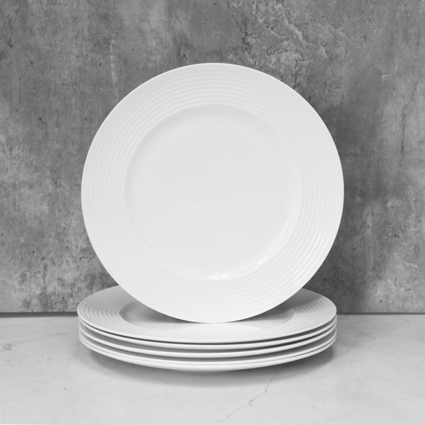 QOUTIQUE Bone China White Embossed Dinner Plates Set, 10.5 inch, Set of 6, 6 Piece White Dinner Plate Set, Serving Dish Set, Microwave and Dishwasher Safe, Scratch Resistant, Dinnerware Party Plates