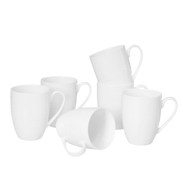QOUTIQUE Coffee Mugs Set of 6, 16 OZ Bone China White Embossed Coffee Mugs, Large and Easy to Grip Mug Sets, White Embossed Coffee Cup Set for Coffee, Microwave and Dishwasher Safe, Scratch Resistant
