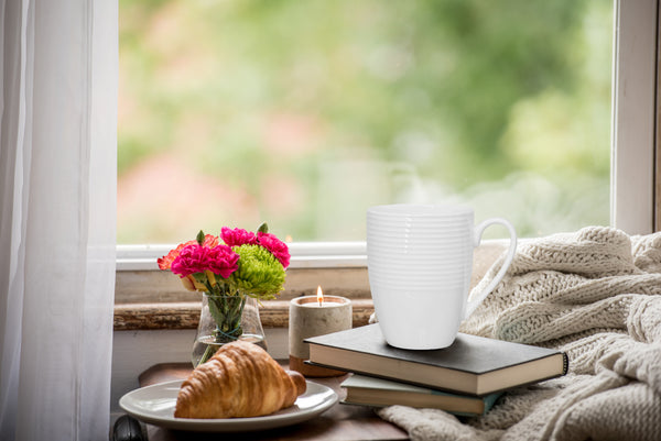 QOUTIQUE Coffee Mugs Set of 6, 16 OZ Bone China White Embossed Coffee Mugs, Large and Easy to Grip Mug Sets, White Embossed Coffee Cup Set for Coffee, Microwave and Dishwasher Safe, Scratch Resistant