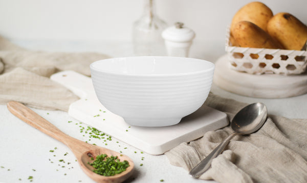 QOUTIQUE Bone China White Embossed Deep Bowl Set - 32 Ounce - Set of 6, 6 inch dia Large Cereal Bowl Set, For Soups and Salads, Serving Bowls, Large Capacity, Microwave & Dishwasher Safe