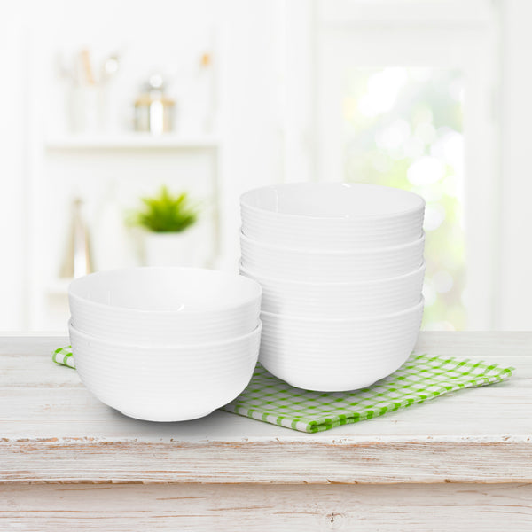 QOUTIQUE Bone China White Embossed Deep Bowl Set - 32 Ounce - Set of 6, 6 inch dia Large Cereal Bowl Set, For Soups and Salads, Serving Bowls, Large Capacity, Microwave & Dishwasher Safe