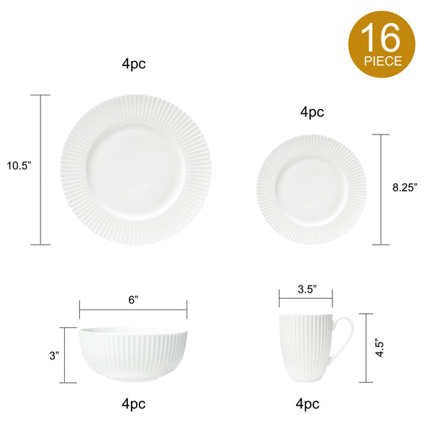 Dinnerware, 16 Piece Set Bone China, Service for 4, White Embossed stripe Dishes, Microwave Safe, Chip Resistant, 16 PC Dishware Set, For Formal Casual and Everyday Living, Plates and Bowls Set