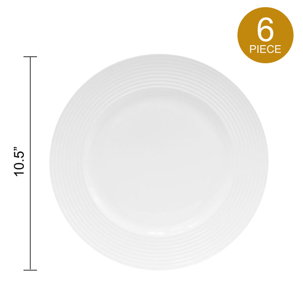 QOUTIQUE Bone China White Embossed Dinner Plates Set, 10.5 inch, Set of 6, 6 Piece White Dinner Plate Set, Serving Dish Set, Microwave and Dishwasher Safe, Scratch Resistant, Dinnerware Party Plates