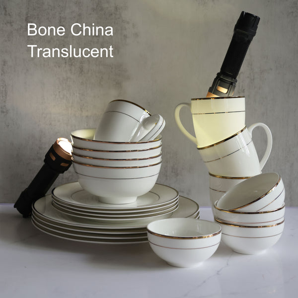 Bone China Dinnerware, 20PC Set, Service for 4, Double Gold Rim, White, Microwave Safe, Elegant Giftware, Dish set, Essential Home, Everyday Living, Display, decoration, Kitchen Dishes, Dinner set