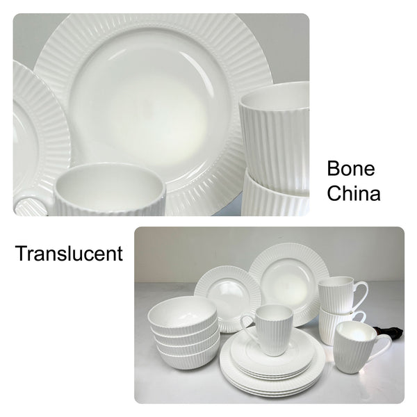 Dinnerware, 16 Piece Set Bone China, Service for 4, White Embossed stripe Dishes, Microwave Safe, Chip Resistant, 16 PC Dishware Set, For Formal Casual and Everyday Living, Plates and Bowls Set