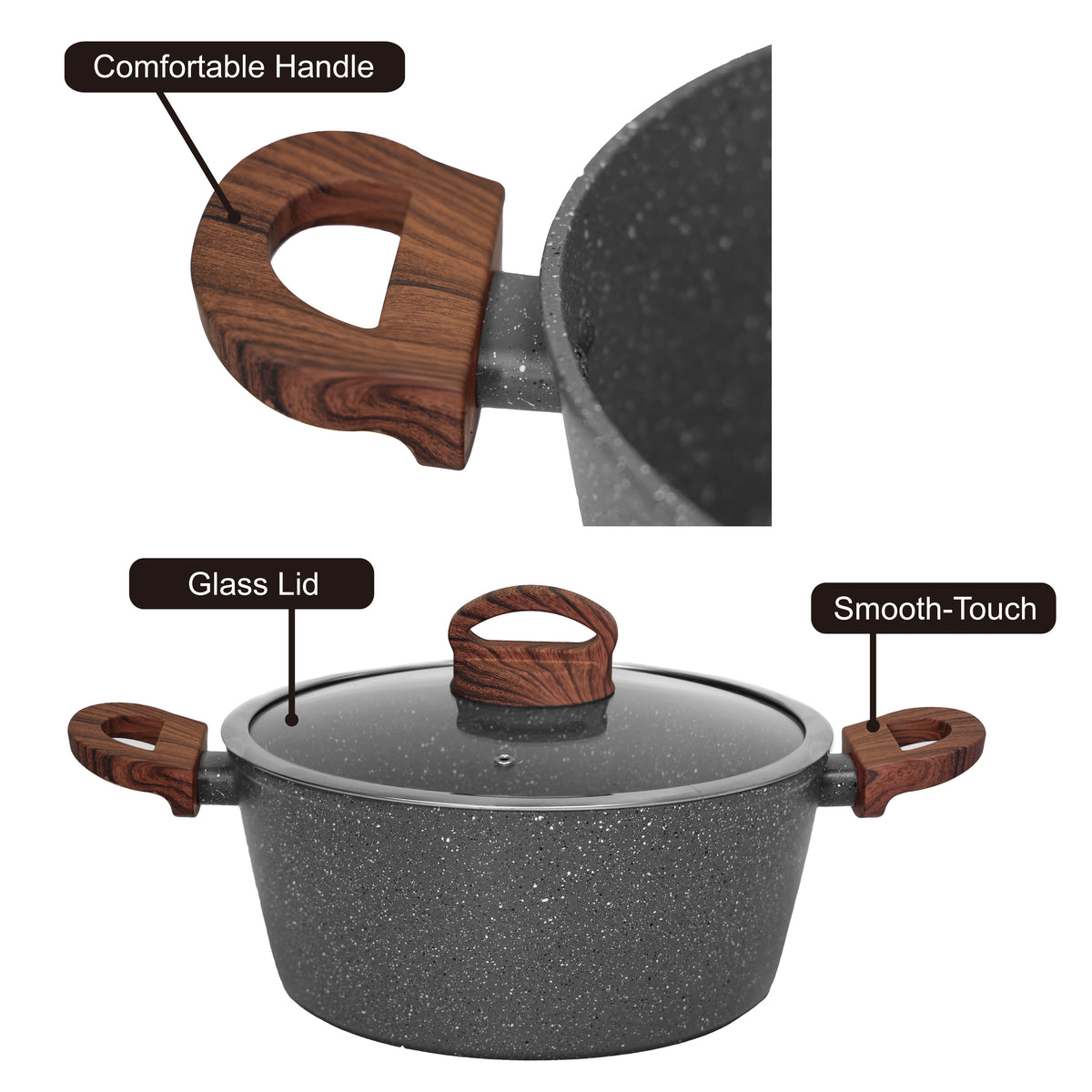 MINYIKJ Nonstick Cookware Sets - 6 Piece High Quality Nonstick Cast  Aluminum Pots and Pans with BAKELITE Handles - Non-Toxic Pots with Glass  Lids - Speckled Grey with Light Wood Handles 