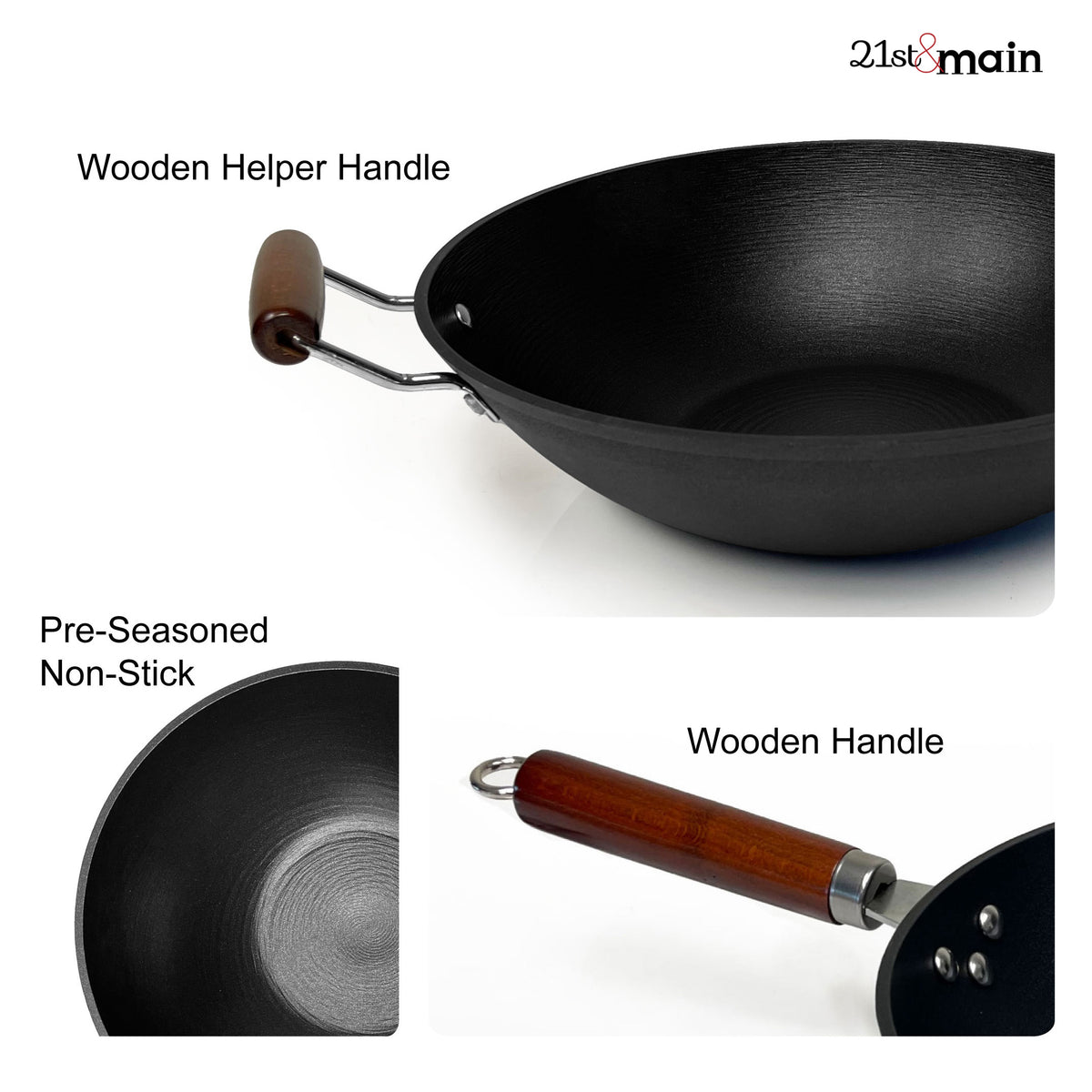 21st & Main Light Weight Cast Iron Wok, Stir Fry Pan, Wooden Handle, with Glass Lid, 11 inch, Chef’s Pan, Pre-Seasoned Nonstick, for Chinese