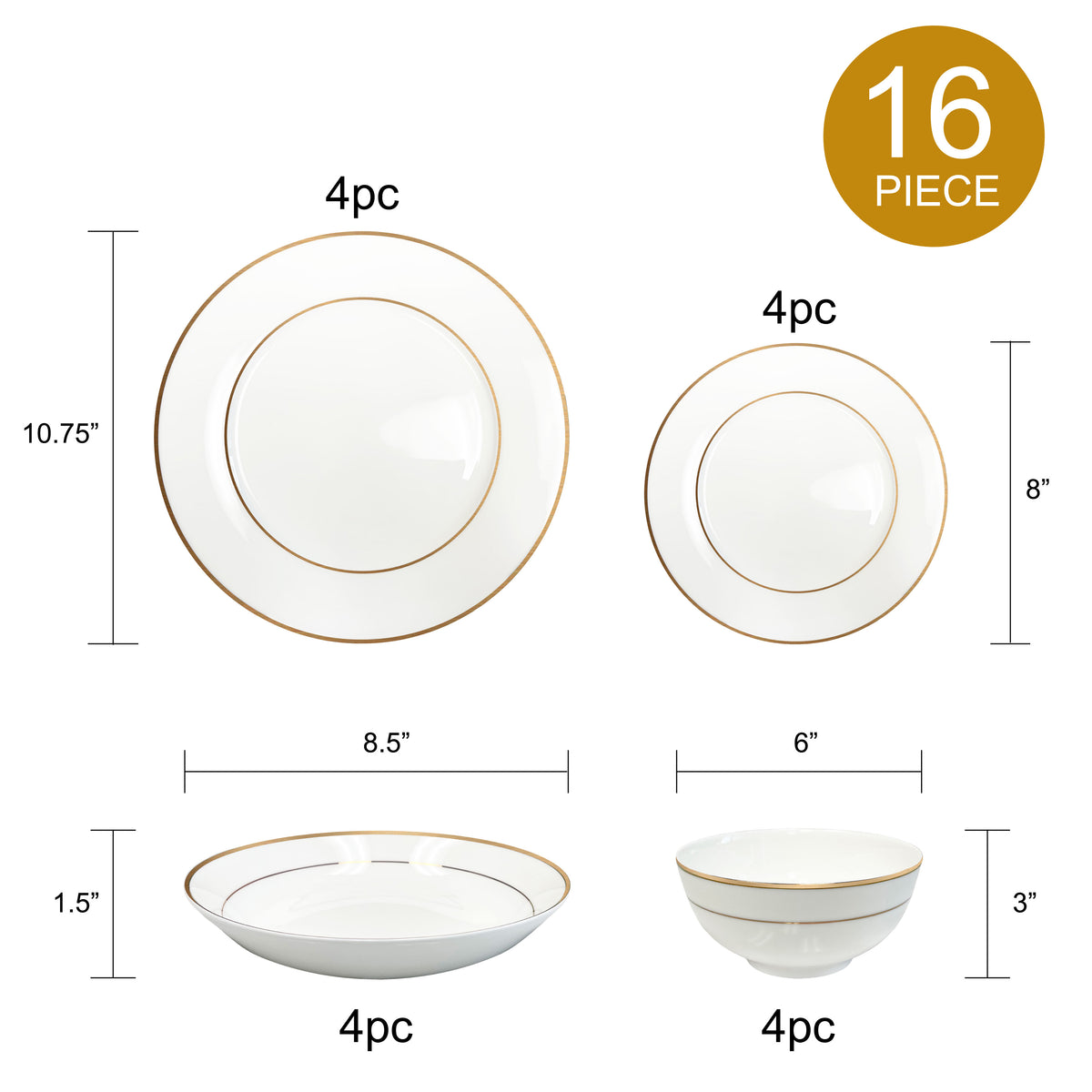 Bone China Dinnerware, 16PC Set, Service for 4, Double Gold Rim, White