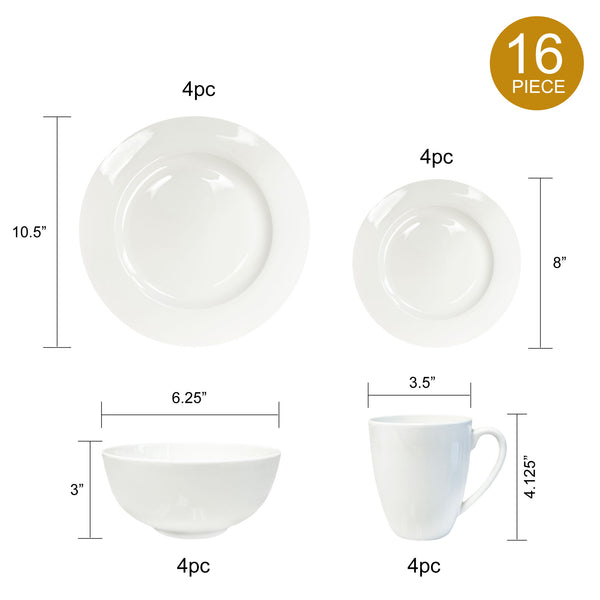 Dinnerware Set, Service for 4, 16 Piece Set, Bone China , White, Microwave Safe, Chip Resistant, Translucent, Elegant giftware, Dish set, For, Essential Home, Everyday Living, Kitchen Set