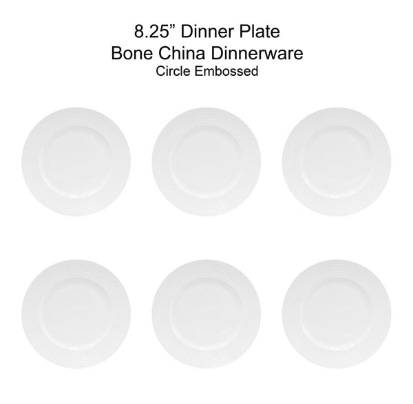 QOUTIQUE Bone China White Embossed Flat Dessert Plates Set, 8.25 inch, Set of 6, 6 Piece White Dessert Plate Set, Microwave and Dishwasher Safe, Scratch Resistant, Dinnerware Party Plates