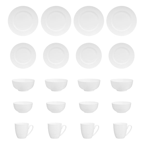QOUTIQUE Bone China Dinnerware, 20PC Set, Service for 4, White Embossed, circle, Microwave Safe, Translucent, Elegant giftware, Dish set, Essential Home, Kitchen Dishes, Dinner Set