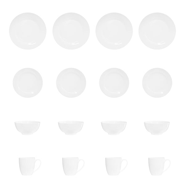 Bone China 16 Piece Dinnerware Set, Service for 4, White, Microwave Safe, Dishwasher Safe,Chip Resistant, Translucent, Elegant giftware, Dish set, For, Essential Home, Everyday Living, Kitchen Set