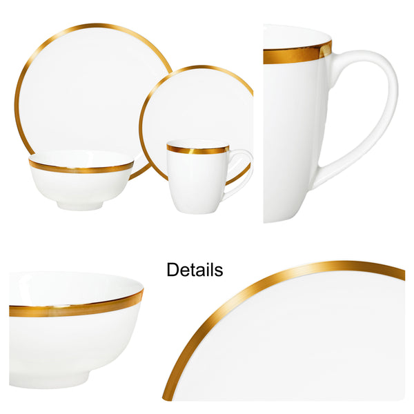 Bone China Dinnerware, 16PC Set, Service for 4, Wide Gold Rim, White, Microwave Safe, Elegant Giftware, Dish set, Essential Home, Everyday Living, Display, decoration, Kitchen Dishes, Dinner set