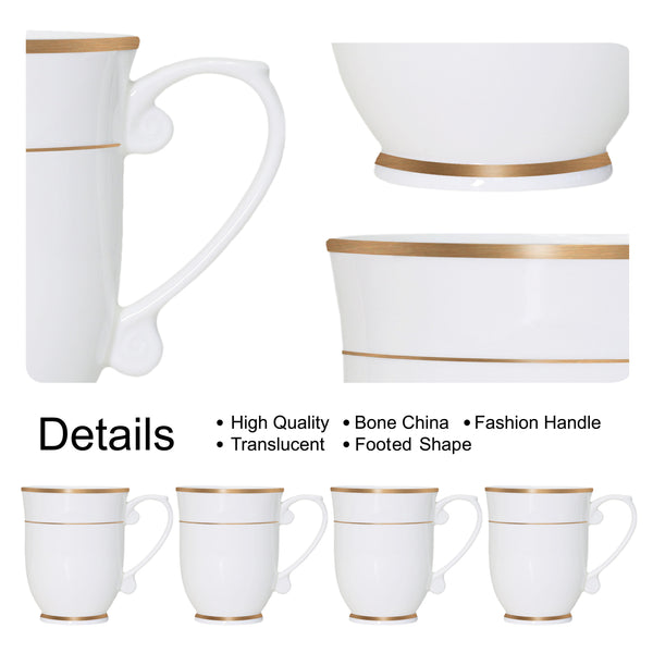 QOUTIQUE Bone China Decorated Coffee Mugs - 20 Ounce - Set of 4, Cups for Latte, Hot Tea, Cappuccino, Mocha, Cocoa, Mug Set, Large Coffee Mug, Gold Rim