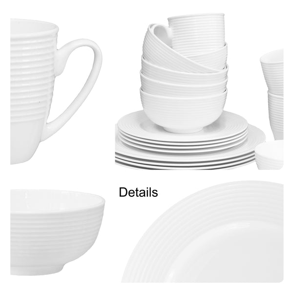 QOUTIQUE Bone China Dinnerware, 20PC Set, Service for 4, White Embossed, circle, Microwave Safe, Translucent, Elegant giftware, Dish set, Essential Home, Kitchen Dishes, Dinner Set