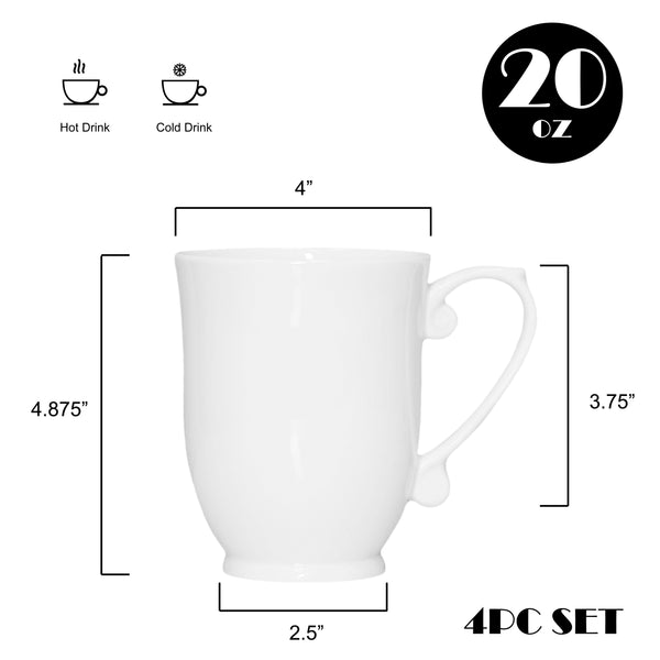 QOUTIQUE Bone China Coffee Mugs - 20 Ounce - Set of 4, Cups for Latte, Hot Tea, Cappuccino, Mocha, Cocoa, Mug Set, Large Coffee Mug, White