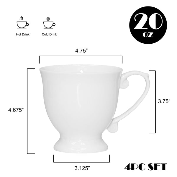 QOUTIQUE Bone China Coffee Mugs - 20 Ounce - Set of 4, Cups for Latte, Hot Tea, Cappuccino, Mocha, Cocoa, Mug Set, Large Coffee Mug, White