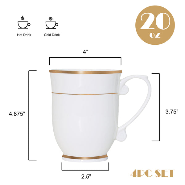 QOUTIQUE Bone China Decorated Coffee Mugs - 20 Ounce - Set of 4, Cups for Latte, Hot Tea, Cappuccino, Mocha, Cocoa, Mug Set, Large Coffee Mug, Gold Rim