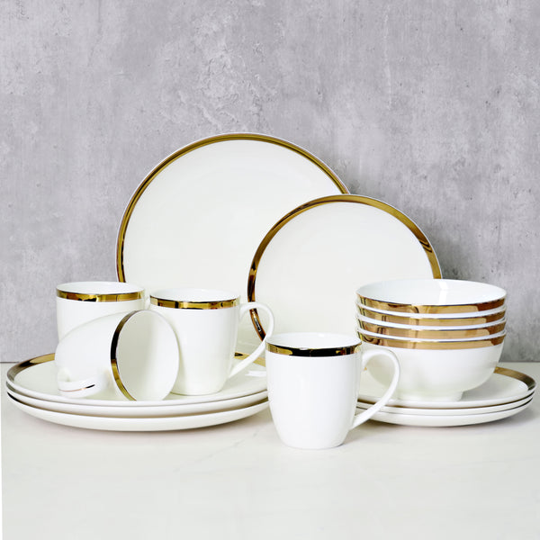 Bone China Dinnerware, 16PC Set, Service for 4, Wide Gold Rim, White, Microwave Safe, Elegant Giftware, Dish set, Essential Home, Everyday Living, Display, decoration, Kitchen Dishes, Dinner set