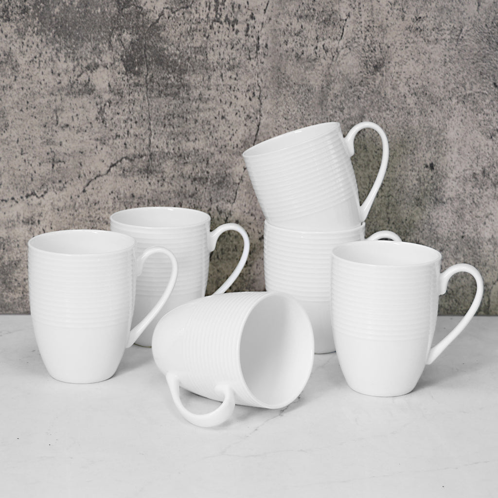 QOUTIQUE Coffee Mugs Set of 6, 16 oz Bone China White Embossed Coffee Mugs, Large and Easy to Grip Mug Sets, White Embossed Coffee Cup Set for