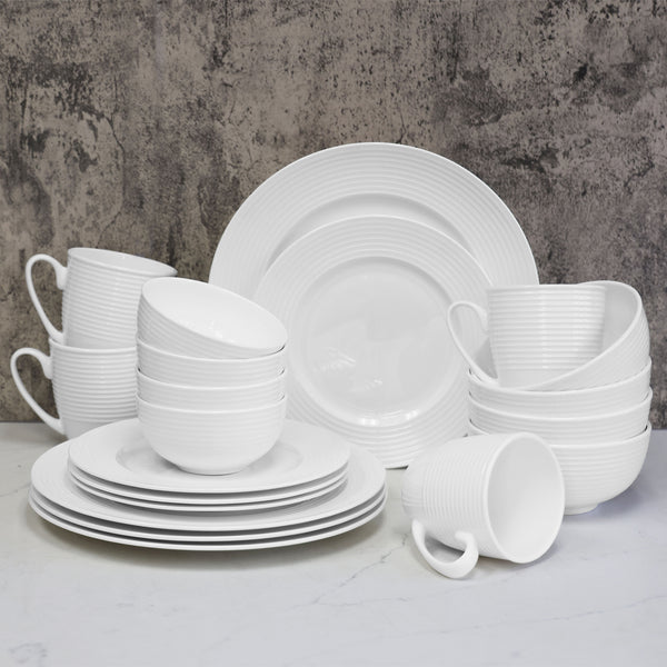 QOUTIQUE Bone China Dinnerware, 20PC Set, Service for 4, White Embossed, circle, Microwave Safe, Translucent, Elegant giftware, Dish set, Essential Home, Kitchen Dishes, Dinner Set