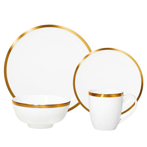 Bone China Dinnerware, 16PC Set, Service for 4, Wide Gold Rim, White, Microwave Safe, Elegant Giftware, Dish set, Essential Home, Everyday Living, Display, decoration, Kitchen Dishes, Dinner set