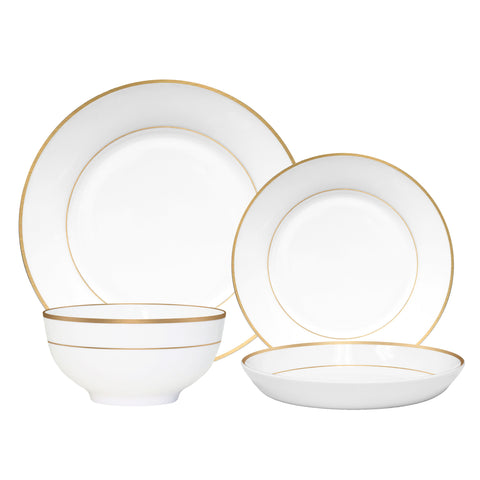 QOUTIQUE Bone China Dinnerware, 16PC Set, Service for 4, Double Gold Rim, White, Microwave Safe, Elegant Giftware, Dish set, Essential Home, Everyday Living, decoration, Kitchen Dishes, Dinner set