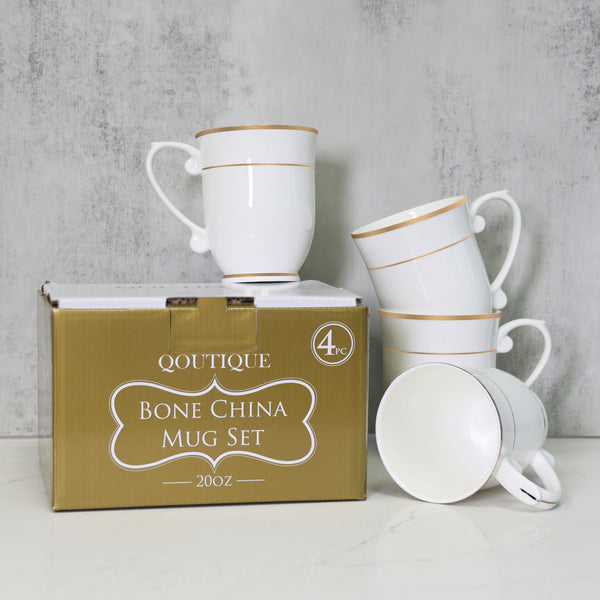 QOUTIQUE Bone China Decorated Coffee Mugs - 20 Ounce - Set of 4, Cups for Latte, Hot Tea, Cappuccino, Mocha, Cocoa, Mug Set, Large Coffee Mug, Gold Rim