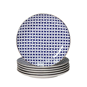 TotalEze Dessert Plates Set, Decorated Blue Gold, 7.5 inch, Set of 6, Microwave Dishwasher Safe, Chip Resistant, porcelain stoneware, Scratch Resistant, Dinnerware Party Plates