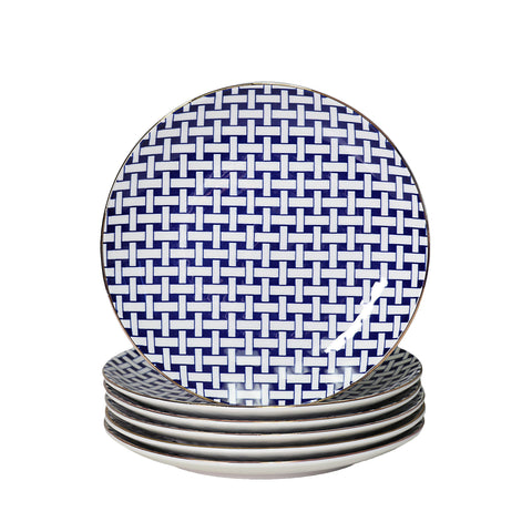 TotalEze Dessert Plates Set, Decorated Blue Gold, 7.5 inch, Set of 6, Microwave Dishwasher Safe, Chip Resistant, porcelain stoneware, Scratch Resistant, Dinnerware Party Plates