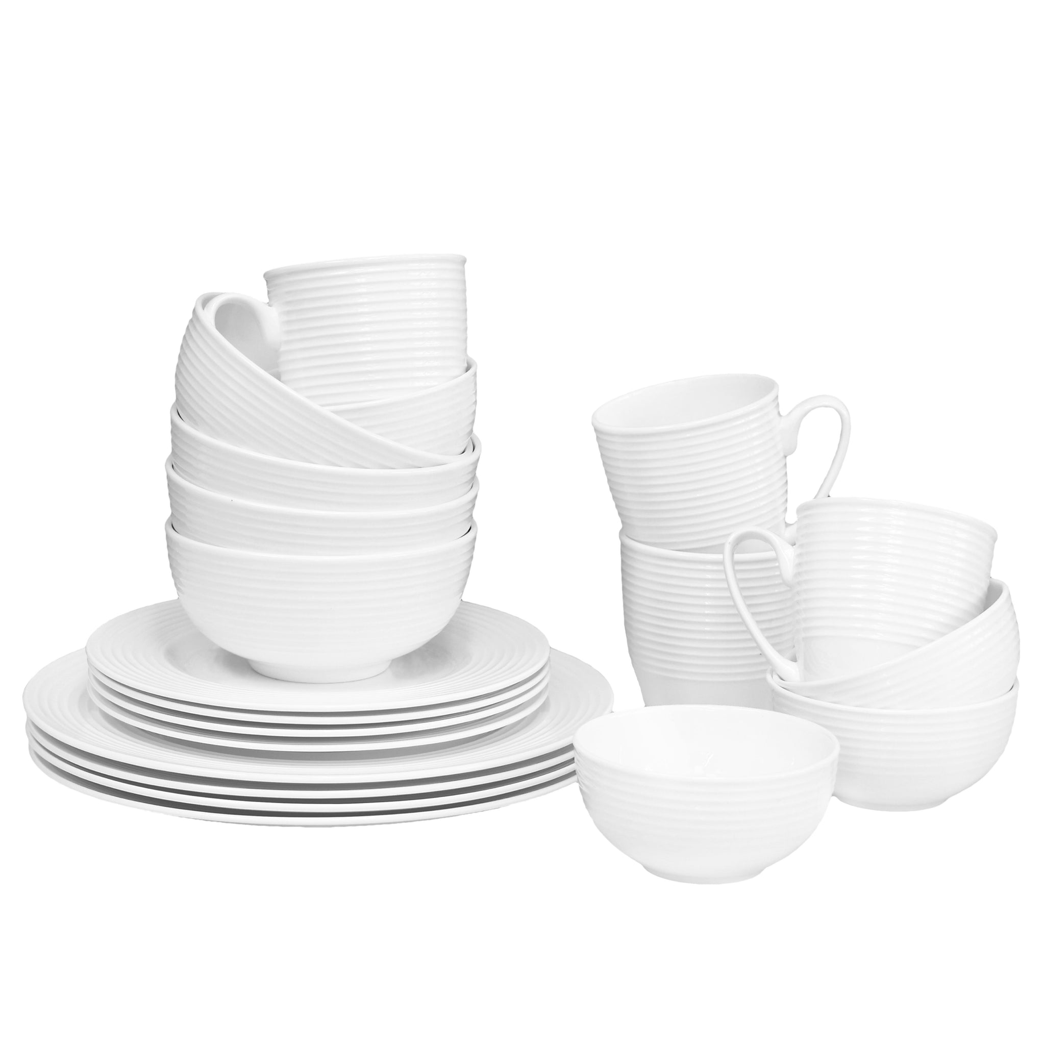 QOUTIQUE Bone China Dinnerware, 20PC Set, Service for 4, White Embossed, circle, Microwave Safe, Translucent, Elegant giftware, Dish set, Essential Home, Kitchen Dishes, Dinner Set