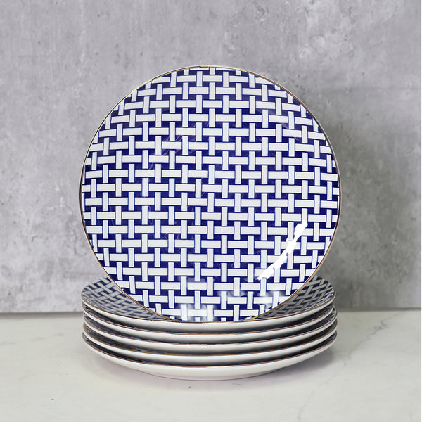 TotalEze Dessert Plates Set, Decorated Blue Gold, 7.5 inch, Set of 6, Microwave Dishwasher Safe, Chip Resistant, porcelain stoneware, Scratch Resistant, Dinnerware Party Plates