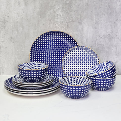 32 pcs Kitchen Dinnerware Set, Service for 4, Dinner Salad Plates Bowls and Stainless Steel Cutlery Set, Decorated Blue Gold, Microwave Dishwasher Safe, Chip Resistant, porcelain stoneware