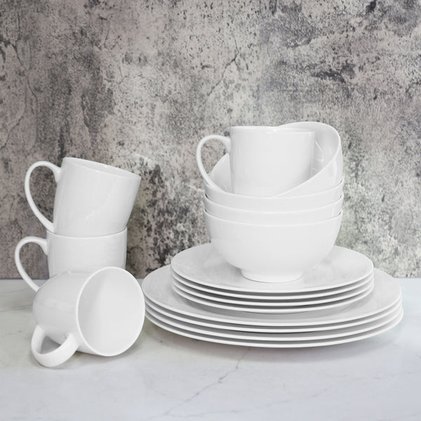 Bone China 16 Piece Dinnerware Set, Service for 4, White, Microwave Safe, Dishwasher Safe,Chip Resistant, Translucent, Elegant giftware, Dish set, For, Essential Home, Everyday Living, Kitchen Set