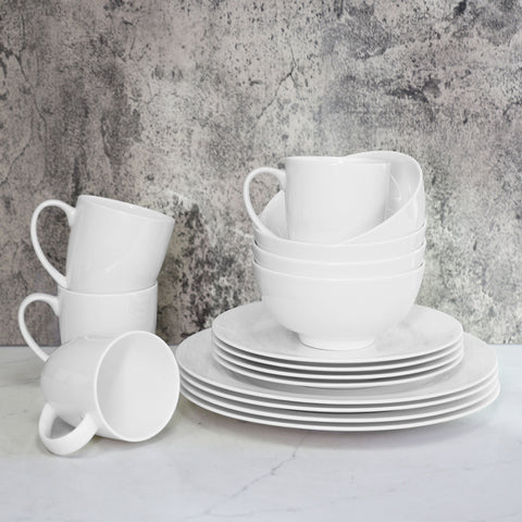 Bone China 16 Piece Dinnerware Set, Service for 4, White, Microwave Safe, Dishwasher Safe,Chip Resistant, Translucent, Elegant giftware, Dish set, For, Essential Home, Everyday Living, Kitchen Set