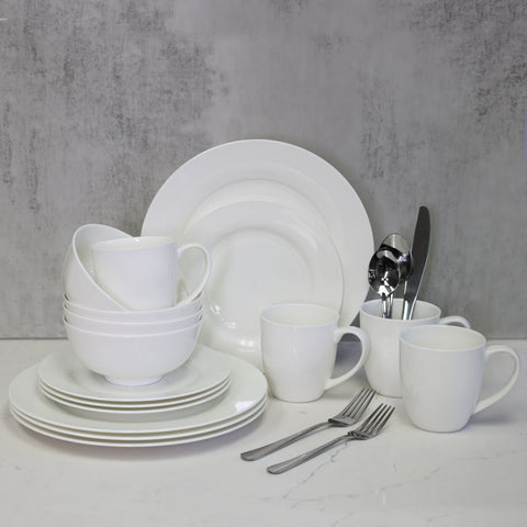 Bone China 36 Piece Kitchen Dinnerware Set, Dishes Set for 4, Dinner Salad Plates, Bowls, Cups and Stainless Steel Cutlery Set, White, Microwave Safe Chip Resistant, Translucent Elegant giftware