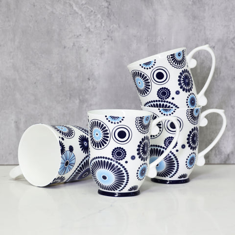 QOUTIQUE Bone China Decorated Coffee Mugs - 20 Ounce - Set of 4, Cups for Latte, Hot Tea, Cappuccino, Mocha, Cocoa, Mug Set, Large Coffee Mug, Blue