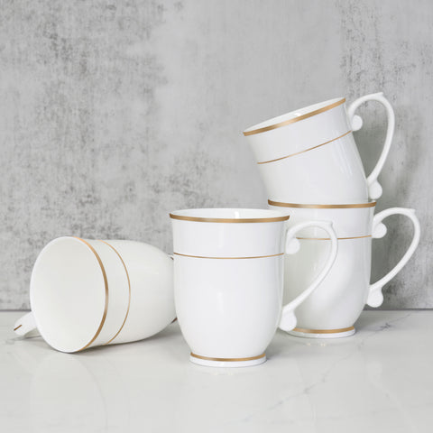 QOUTIQUE Bone China Decorated Coffee Mugs - 20 Ounce - Set of 4, Cups for Latte, Hot Tea, Cappuccino, Mocha, Cocoa, Mug Set, Large Coffee Mug, Gold Rim