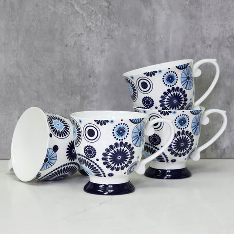 QOUTIQUE Bone China Decorated Coffee Mugs - 20 Ounce - Set of 4, Cups for Latte, Hot Tea, Cappuccino, Mocha, Cocoa, Mug Set, Large Coffee Mug, Blue