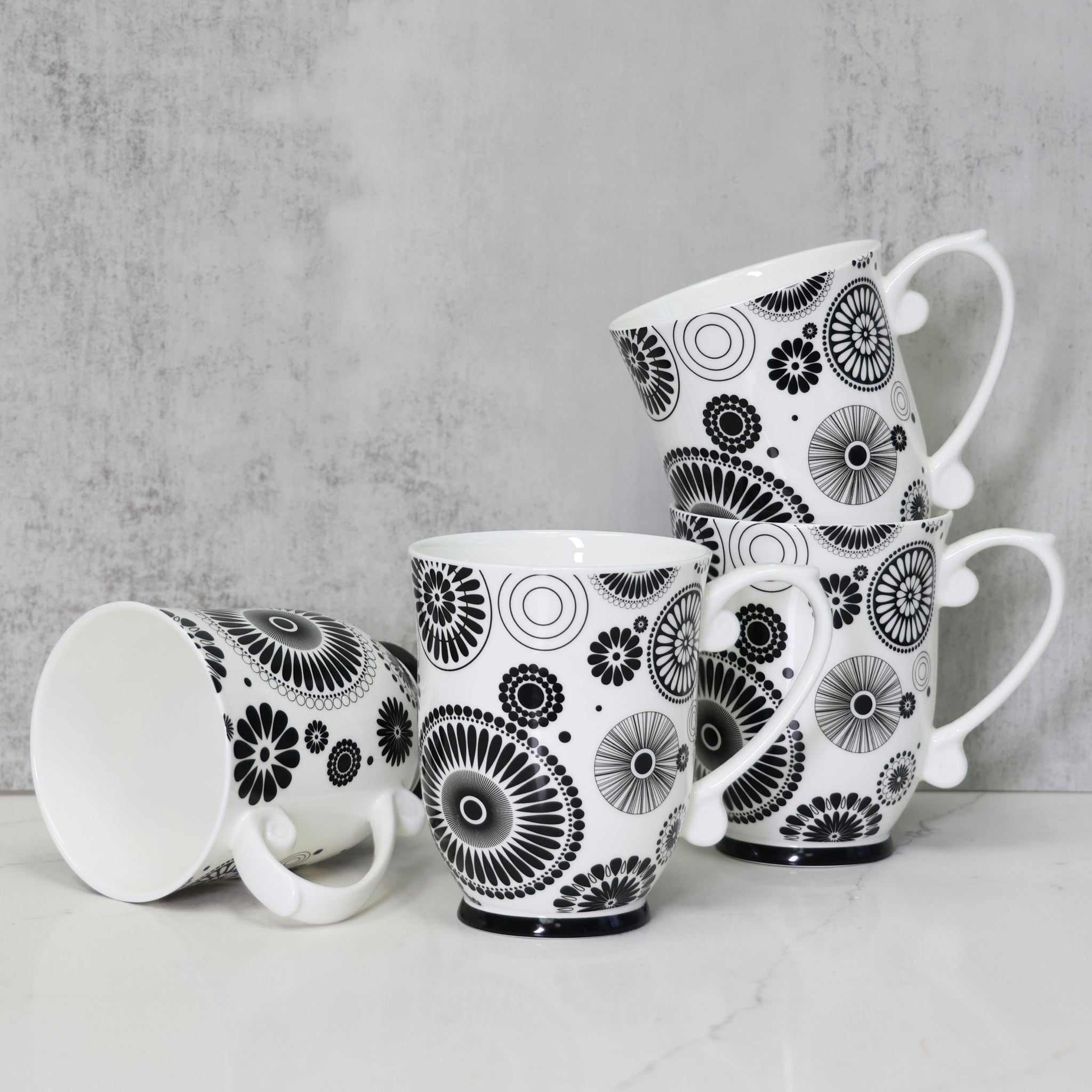QOUTIQUE Bone China Decorated Coffee Mugs - 20 Ounce - Set of 4, Cups for Latte, Hot Tea, Cappuccino, Mocha, Cocoa, Mug Set, Large Coffee Mug, Blue