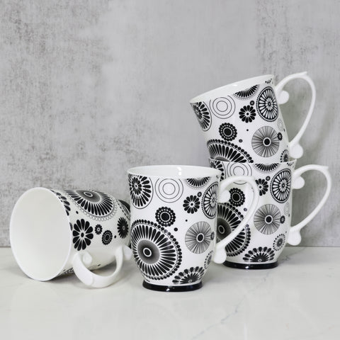 QOUTIQUE Bone China Decorated Coffee Mugs - 20 Ounce - Set of 4, Cups for Latte, Hot Tea, Cappuccino, Mocha, Cocoa, Mug Set, Large Coffee Mug, Blue