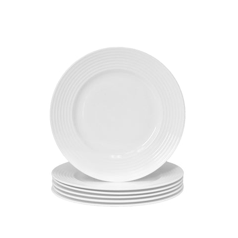 QOUTIQUE Bone China White Embossed Flat Dessert Plates Set, 8.25 inch, Set of 6, 6 Piece White Dessert Plate Set, Microwave and Dishwasher Safe, Scratch Resistant, Dinnerware Party Plates