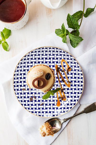 TotalEze Dessert Plates Set, Decorated Blue Gold, 7.5 inch, Set of 6, Microwave Dishwasher Safe, Chip Resistant, porcelain stoneware, Scratch Resistant, Dinnerware Party Plates