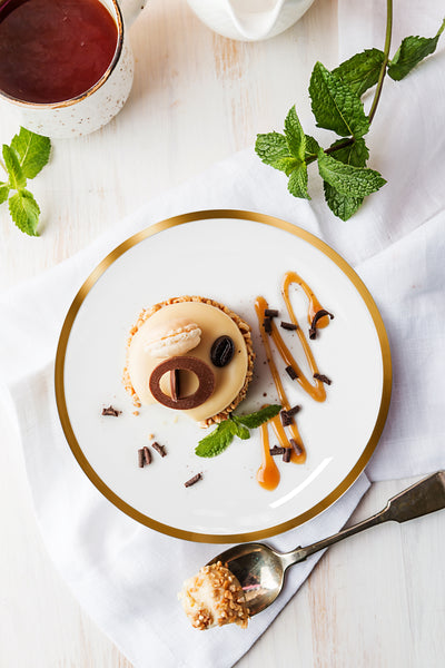 FAVA Bone China White Gold Rim Flat Dessert Plates Set, 8 inch, Set of 6, 6 Piece White Dessert Plate Set, Serving Dish Set, Oven, and Dishwasher Safe, Scratch Resistant, Dinnerware Party Plates